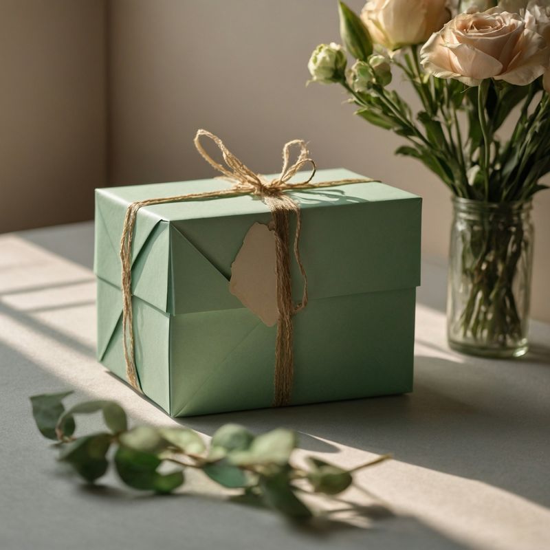A wrapped gift box tied with twine next to a vase of roses